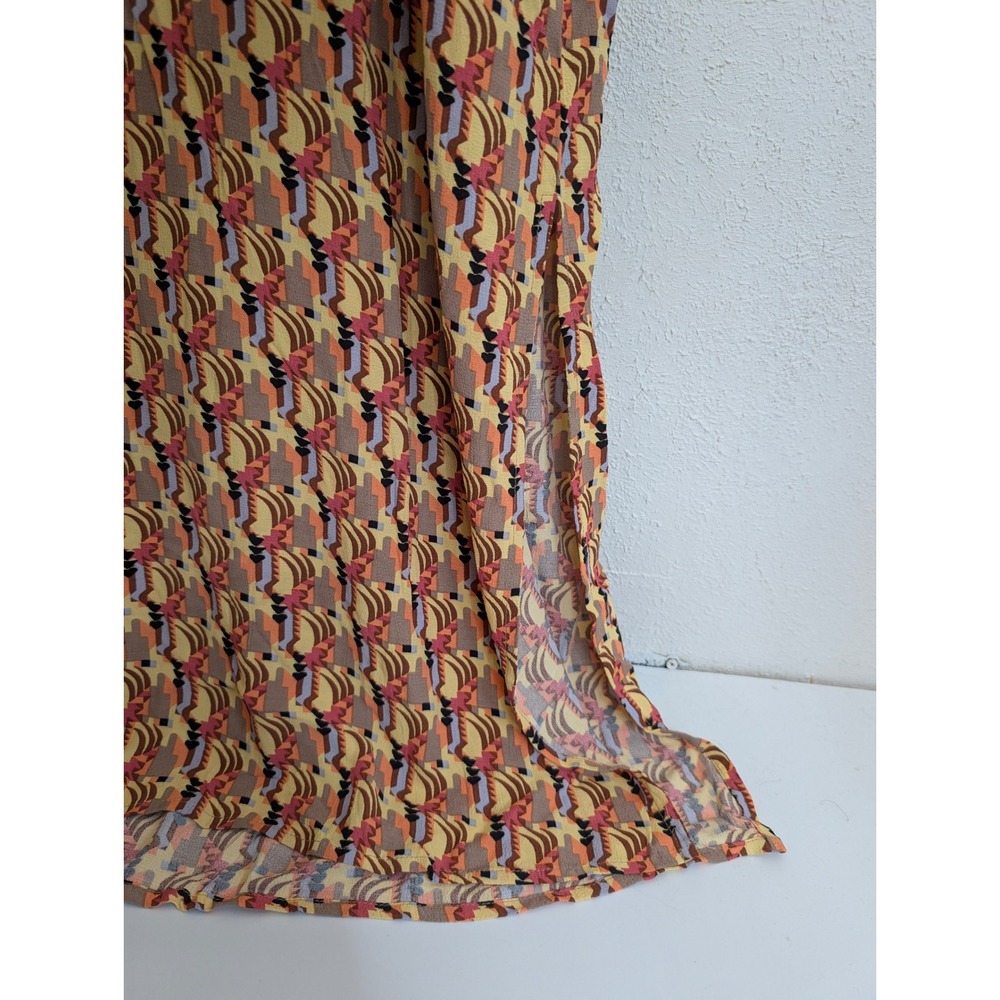 FLAX Women Maxi Dress Large Yellow Geometric Sleeveless Rayon Slit Lagenlook - Picture 4 of 5